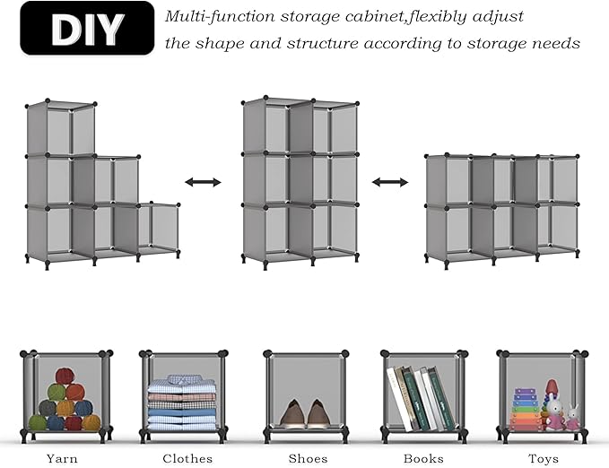 AWTATOS Cube Storage Organizer, Storage Cubes Shelves Bookshelf, 6 Cube Closet Organizers and Storage, DIY Stackable Plastic Clothes Organizer Shelving for Bedroom, Home, Grey