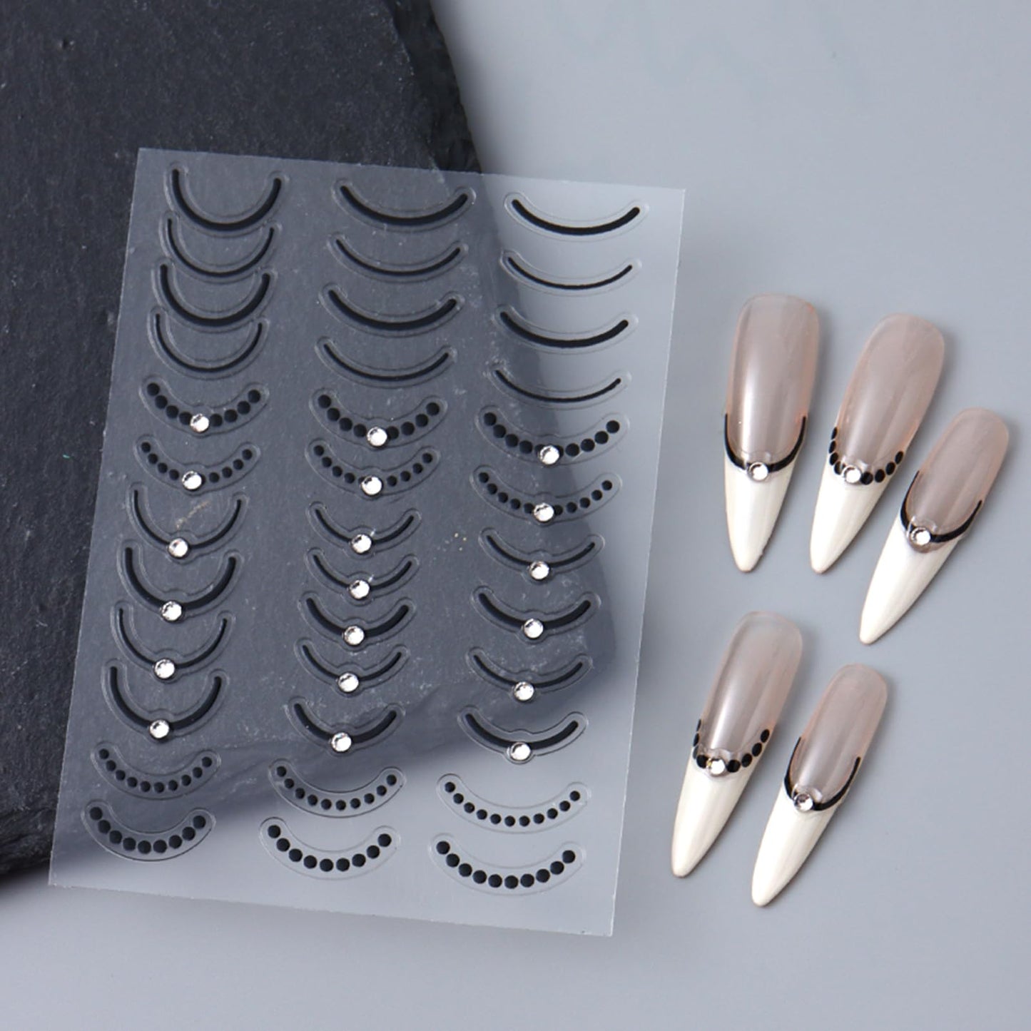 IDDFEVE Rhinestone Studded French Line Nail Art Stickers - 3 Colors Gold Sliver Black Crystal Diamond Self-Adhesive Curved Stripes Nail Decals, French Tips Guides for DIY Manicure (3 Sheets)