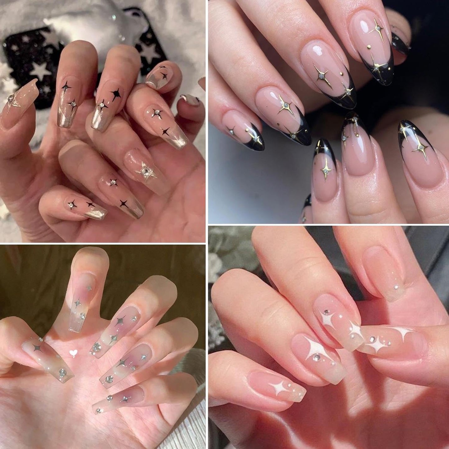 8Sheets Star Nail Stickers for Nail Art 3D Glitter Star Shiny Gold Silver White Black Stars Nail Art Sticker Star Light Nail Design Nail Supplies Stars Sticker for Women DIY French Manicure Decoration