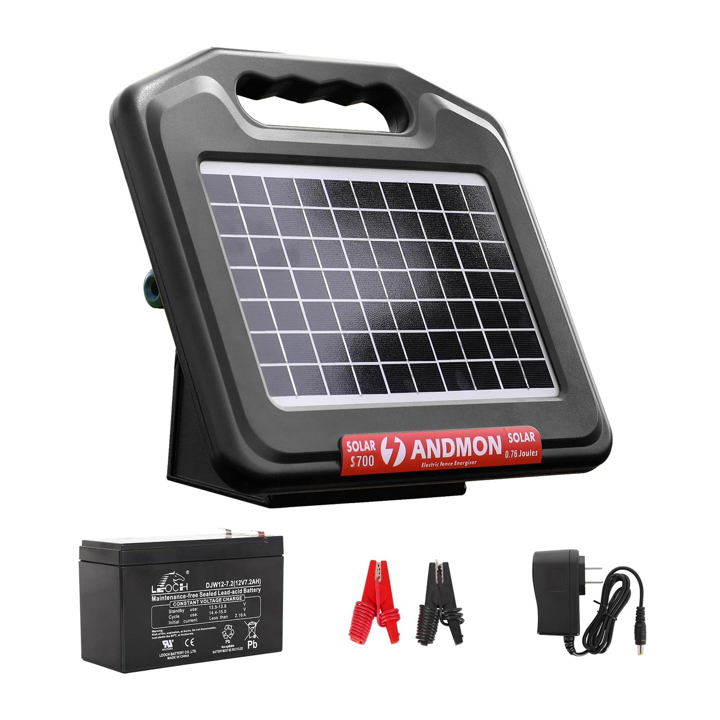 ANDMON S700 35 Miles Solar Fence Charger, 0.76 Joule Solar Electric Fence Charger for Livestock, Horses, Cattle Sheep, Solar Powered Electric Fence with Dual Input, Easy Installation