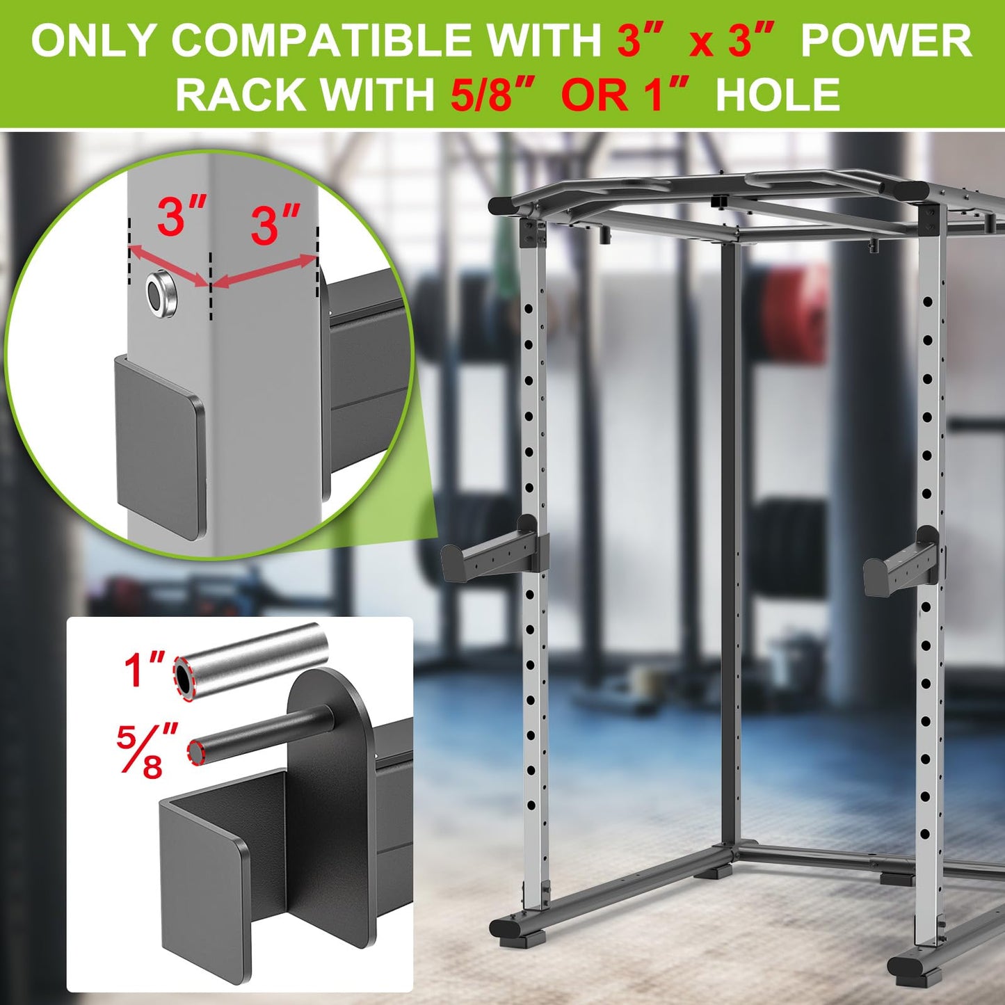 Kipika Safety Spotter Arms for 3" x 3"" Power Racks with 5/8"" & 1"" Holes - Heavy Duty Barbell Safety Catches with Rubber Pad - Adjustable and Easy to Install - Set of 2"