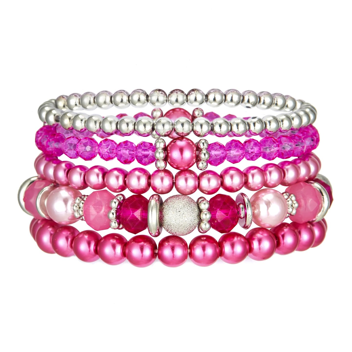 Noessla Beaded Pearl Stretch Bracelet Silver Stackable Crystal Beads Bracelets Trendy Costume Jewelry Mothers Day Gifts for Women(Hot pink)