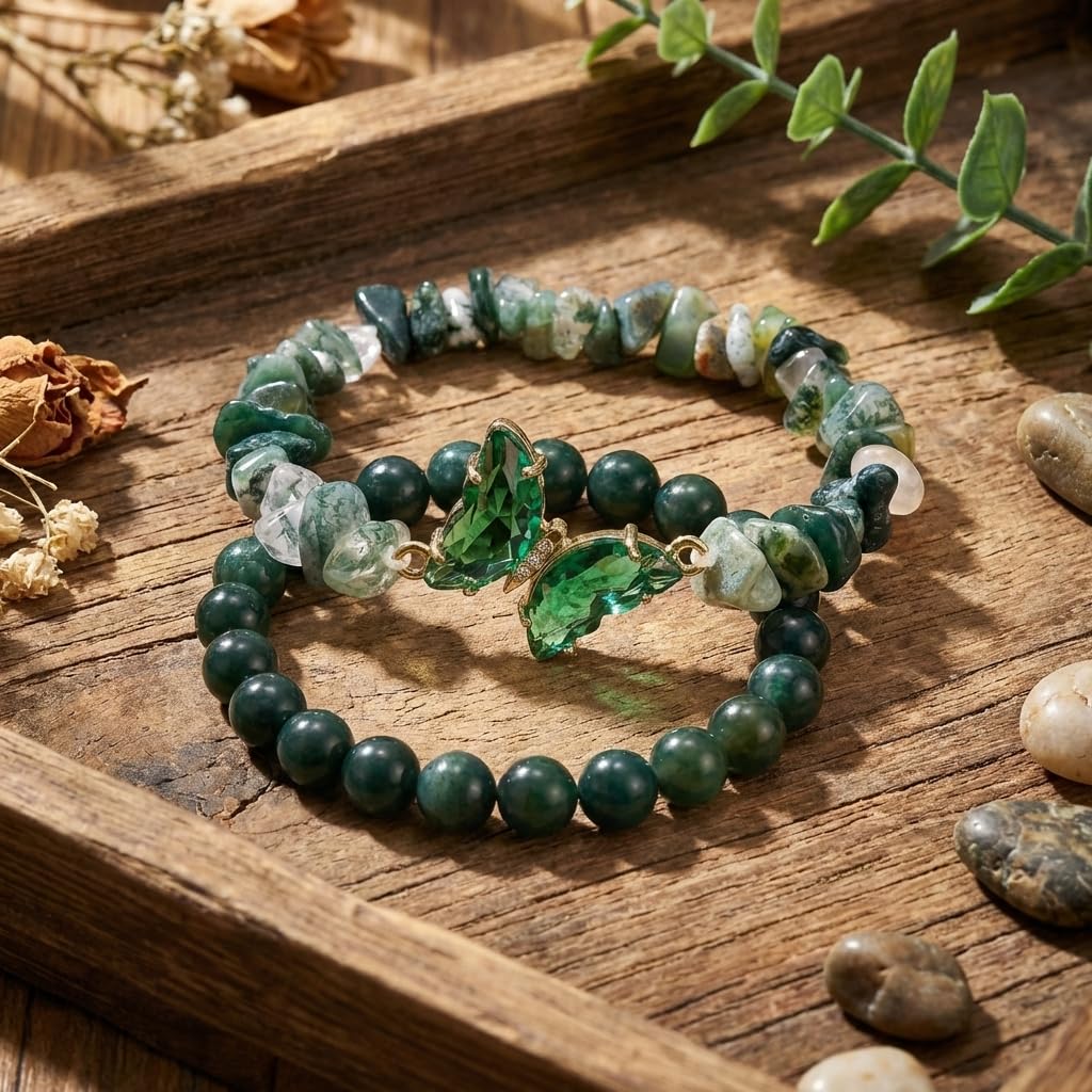 BELLA-Bee Natural Amethyst Healing Stone Bracelet Set for Women, Anxiety Relief Crystal Beaded Layered Bracelet with Butterfly Charm, Calming Spiritual Jewelry Gifts (Green)