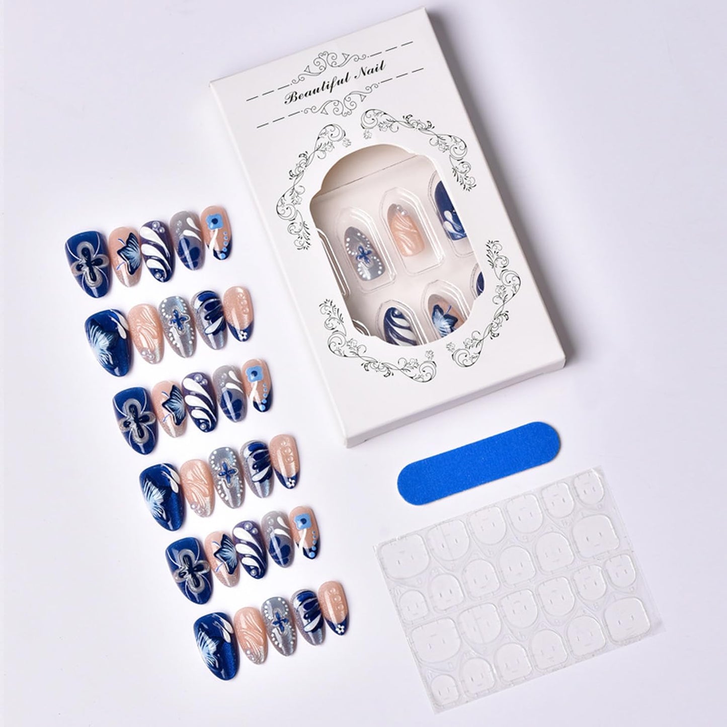 Blue Flower Press on Nails Short Almond Fake Nails 3D Pearls Water Ripples Design Cute Floral False Nails Blue French Nails Cute Stick on Nail Acrylic Nail Full Cover Glue on for Women 30Pcs