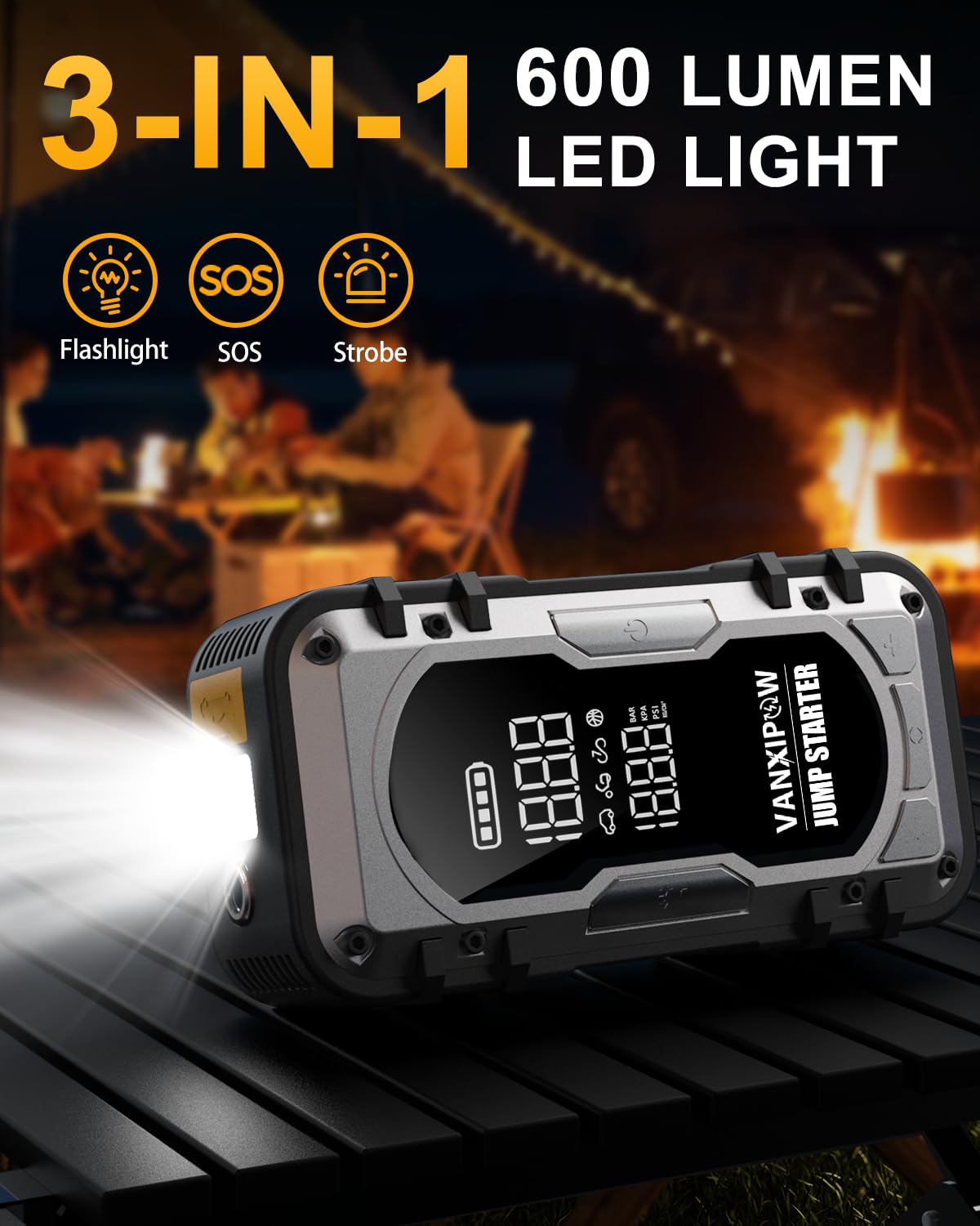 Portable Car Battery Jump Starter with Air Compressor, VANXIPOW 4500A 150PSI (9.0 L Gas/8.0L Diesel), 12V Jump Box Car Battery with 600 Lm LED Light, with Large LED Display, Power Bank