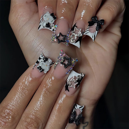 BABALAL French Tip Press on Nails Short Square Fake Nails with Bow Charms Designs Black White Zebra Print False Nails Silver Star Y2k Acrylic Nail Handmade Stick on Nails for Women Girls Kids 24Pcs