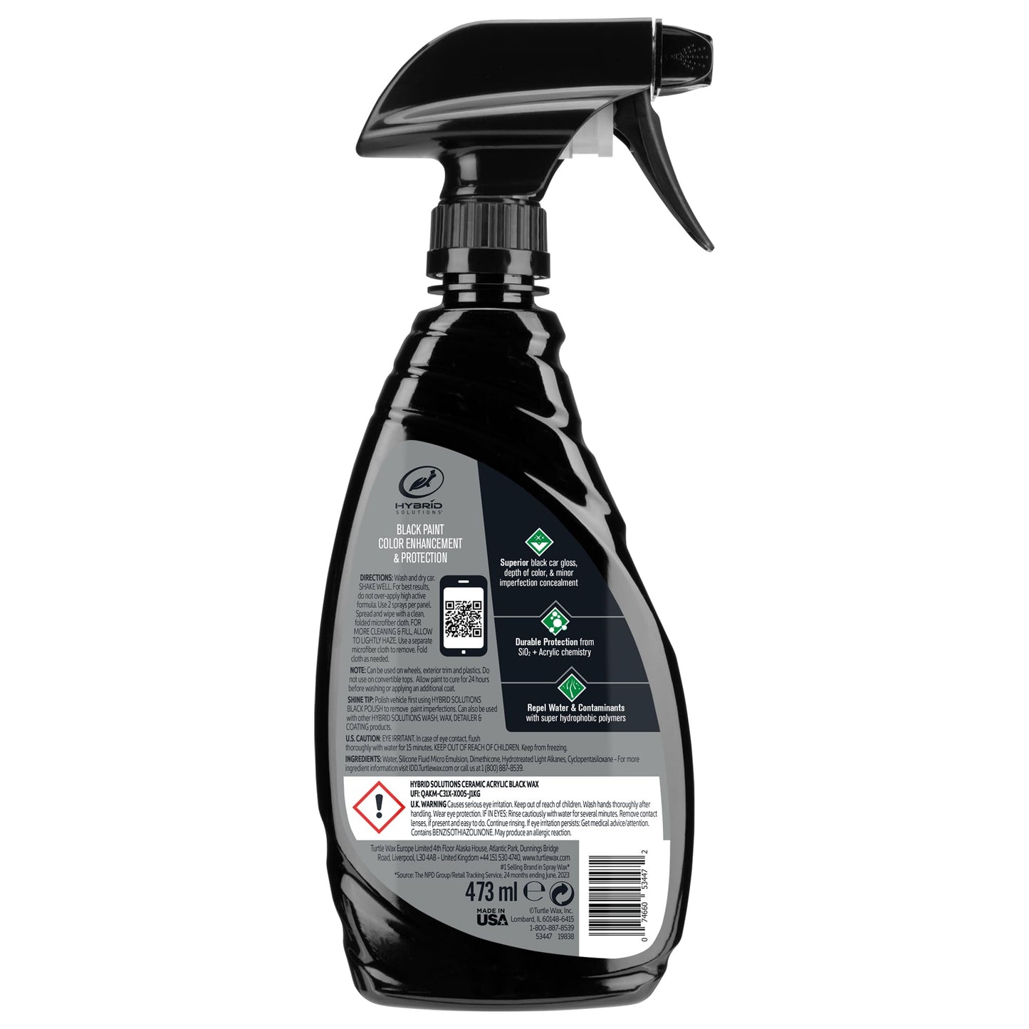 Turtle Wax Hybrid Solutions Ceramic Acrylic Black Car Wax Spray, Restores Apperance of Black Car Paint, Ceramic Coating Protection, Extreme Water Beading, High Gloss Shine, 16 oz (Pack of 1)
