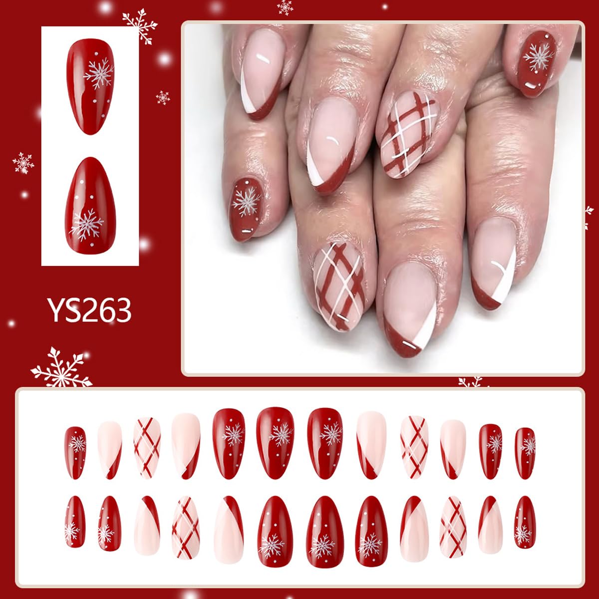 Christmas Press On Nails Medium Almond Fake Nails Snowflake With Plaid Design French Tip False Nails Full Cover Xmas Acrylic Glue On Nail Winter Stick On Nail For Women Manicure Art 24pcs