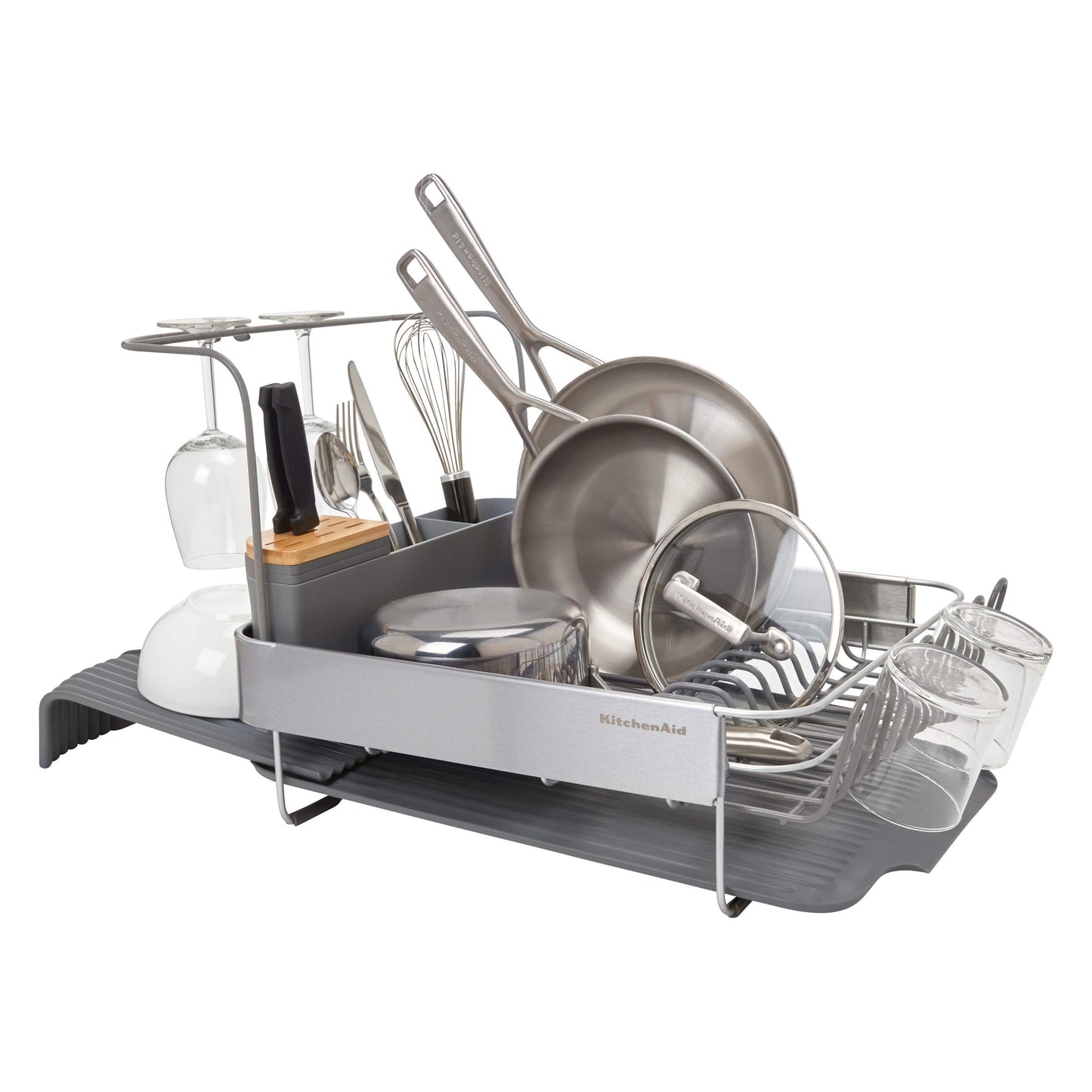 KitchenAid Compact to Full Size Expandable, Rust Resistant Satin Coated Dish Rack with Angled Self Draining Drain Board and Removable Flatware Caddy, 24-Inch, Charcoal