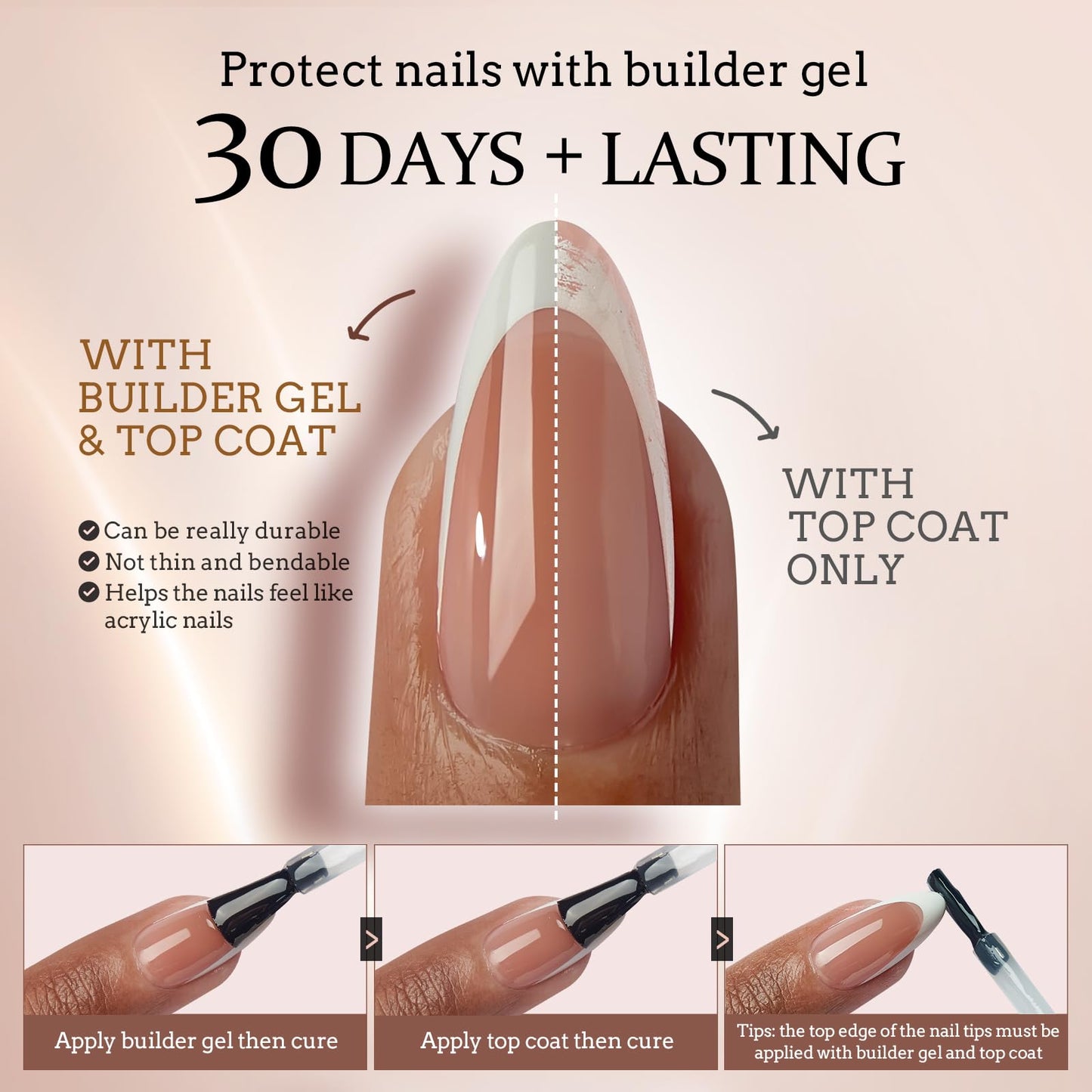 BTArtboxnails French Gel Nail Tips - French Tip Press on Nails Brown Medium Almond XCOATTIPS for Nail Extensions