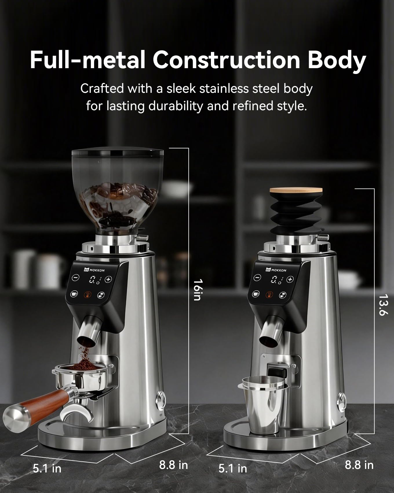MOKKOM Professional 64mm Plated Flat Burr Coffee Grinder with 100 Grind Settings, All-Metal Stainless Steel Body, Coffee Bean Grinder with Adjustable Electronic Timer, Anti-Static, LED Display