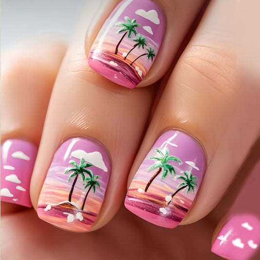 Pink Press on Nails Short Square Fake Nails with Palm Tree Designs Nails Press ons Ombre Glue on Nails Glossy Acrylic Nails Summer Stick on Nails for Women 24Pcs