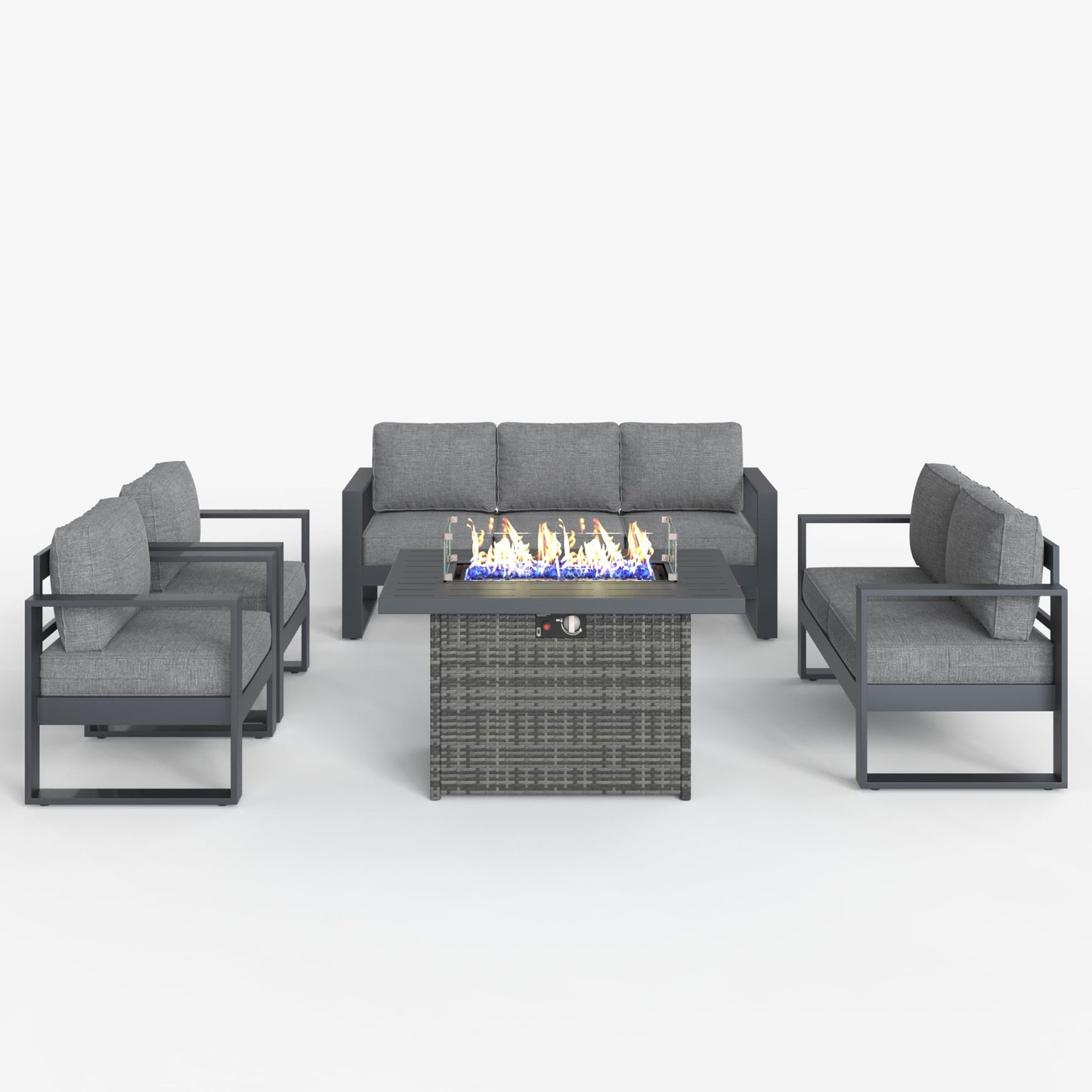 LayinSun 5 Pieces Aluminum Outdoor Patio Furniture Set, Metal Modern Conversation Sofa Set with Fire Pit Table and Washable Thick Cushions for Porch, Backyard, Deck