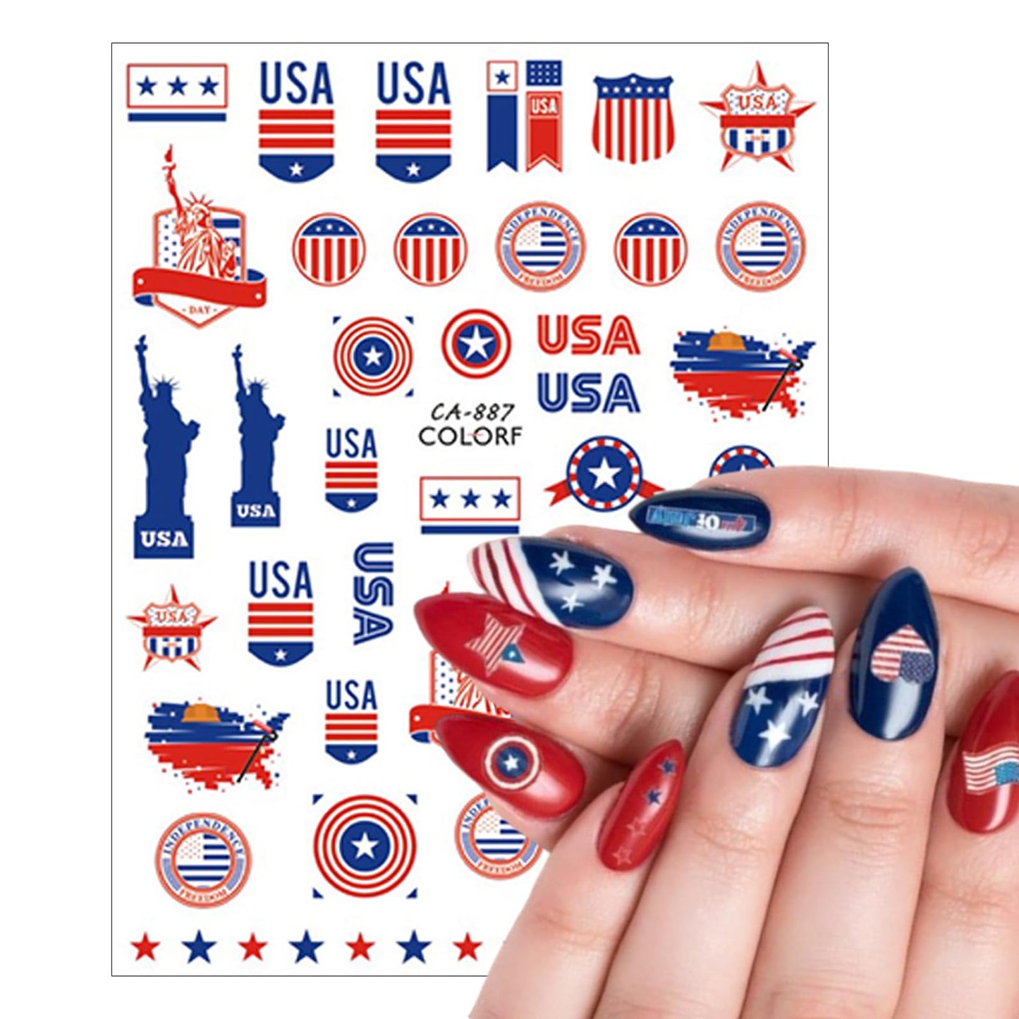 8Sheets 4th of July Nail Art Stickers American Flag Patriotic Nail Decals,3D Self-Adhesive Independence Day Nail Stickers Stars Stripes Eagle Nail Design Memorial Day Nail Supplies for girl Nail Decor