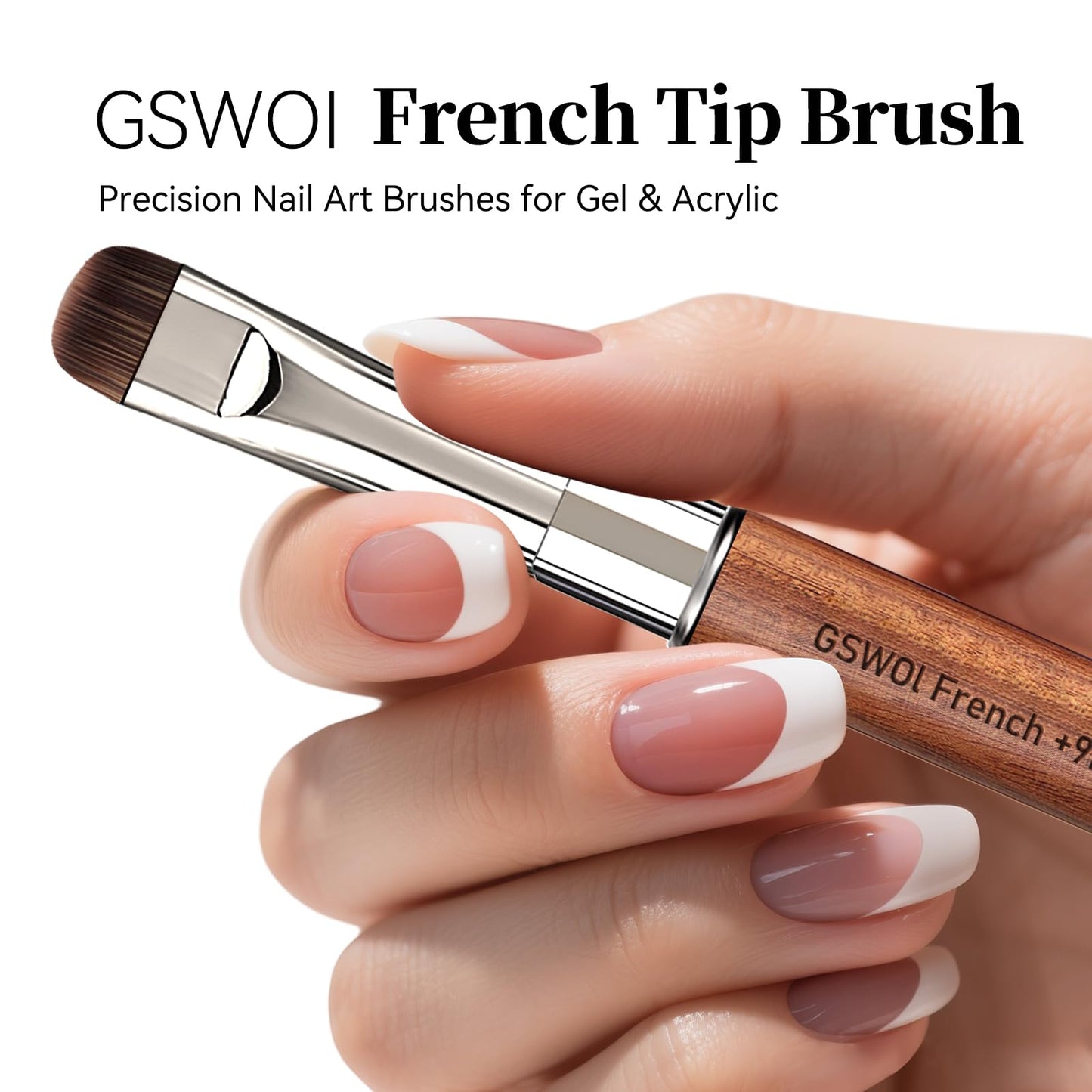 GSWOI Dual Head Acrylic Nail Brush-French Tip & Square Round with Cleaning Brush for Builder Gel,Polygel & Design-Wood Handle & Metal Caps