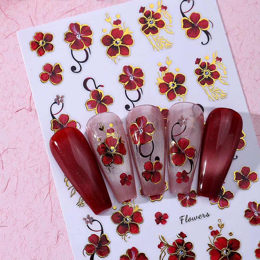 Red Flower Nail Art Sticker Decal 6Pcs 3D Elegant Self-Adhesive Nail Stickers Golden Trim Nail Decal Red Floral Nail Supply Spring Summer Flower Nails Design for Women Manicure DIY Decoration