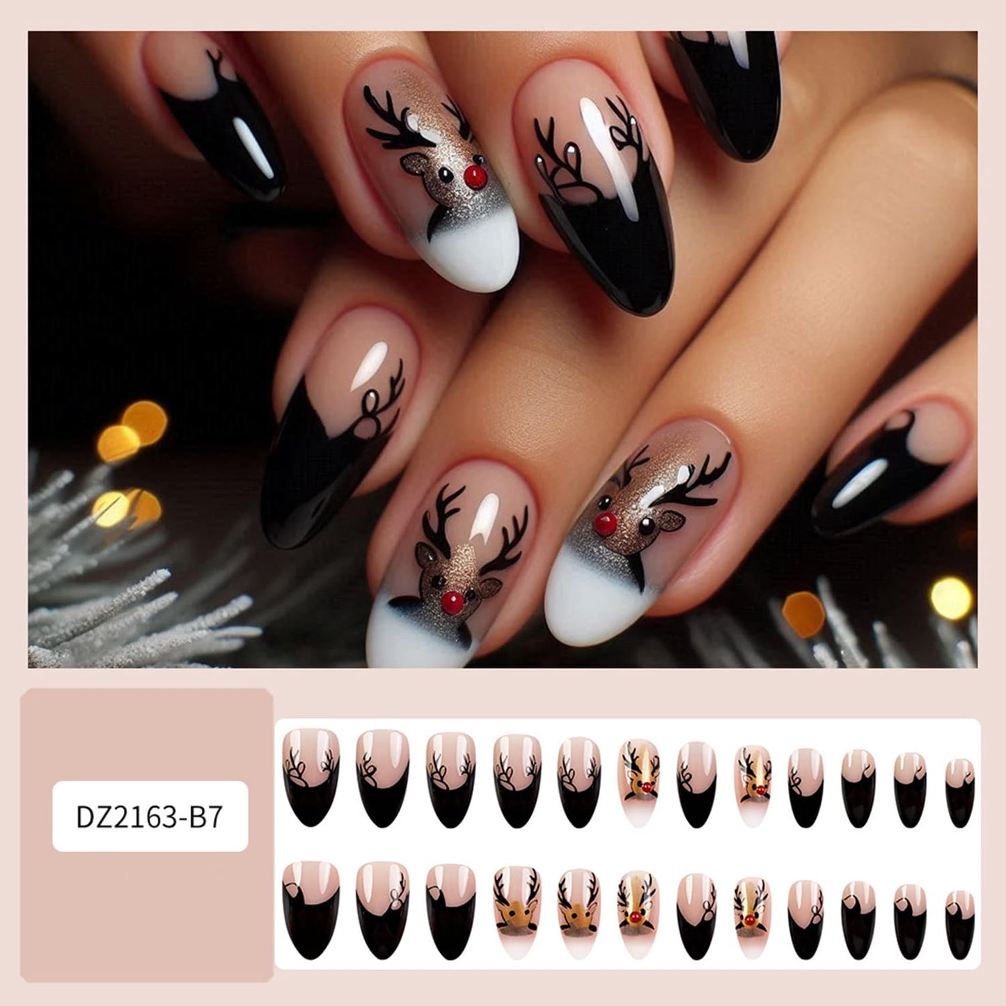 CJDLTS Christmas Press on Nails Short Artificial Almond Acrylic False Nails French Tip Fake Nail Elk with Glitter Design Stick on Nail Winter Full Cover Artificial Fingernails for Women Manicure