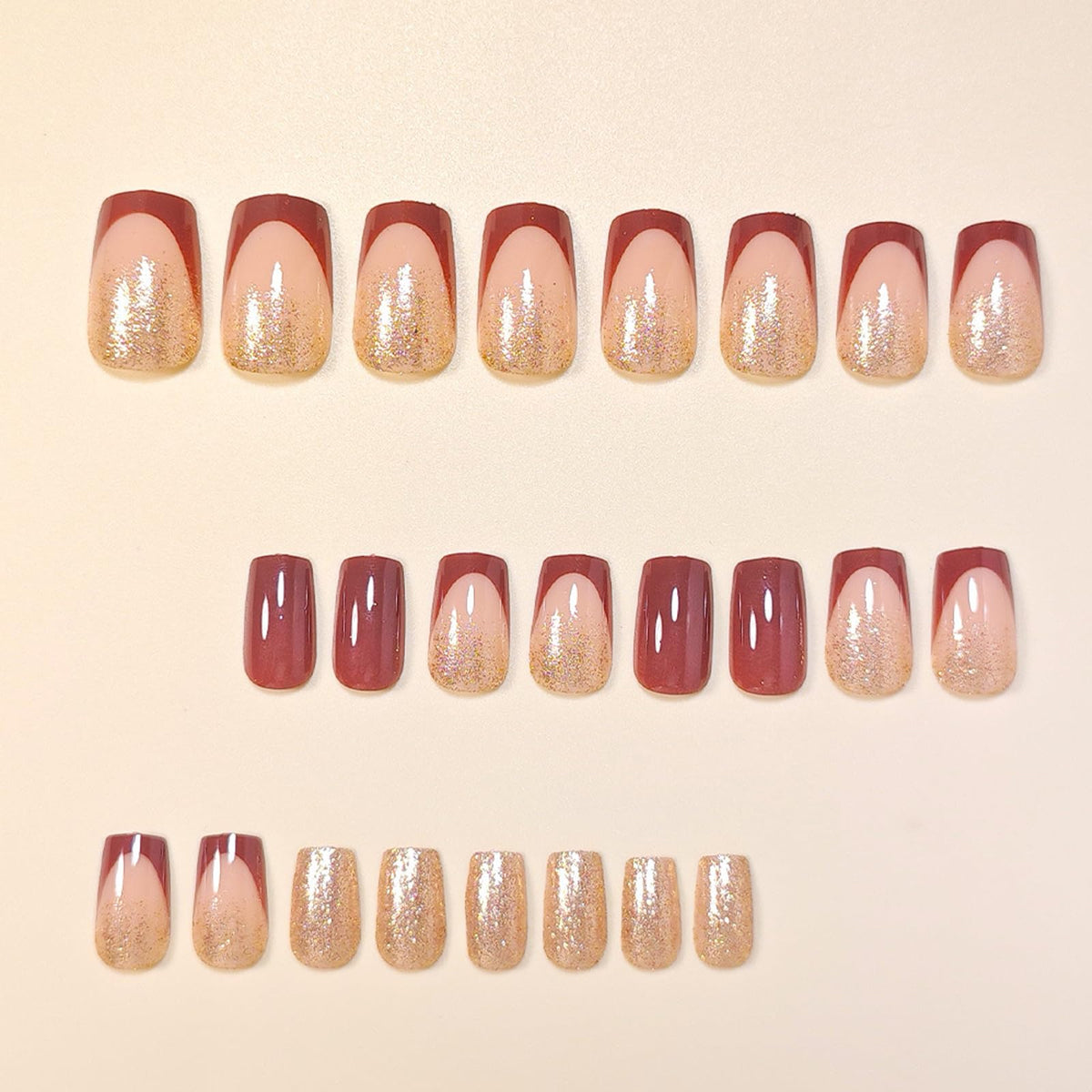 IMSOHOT Brown Press on Nails Short Square Fake Nails Golden Glitter False Nails Glossy Sparkly Autumn Acrylic French Tips Full Cover Glue on Nails for Women Manicure