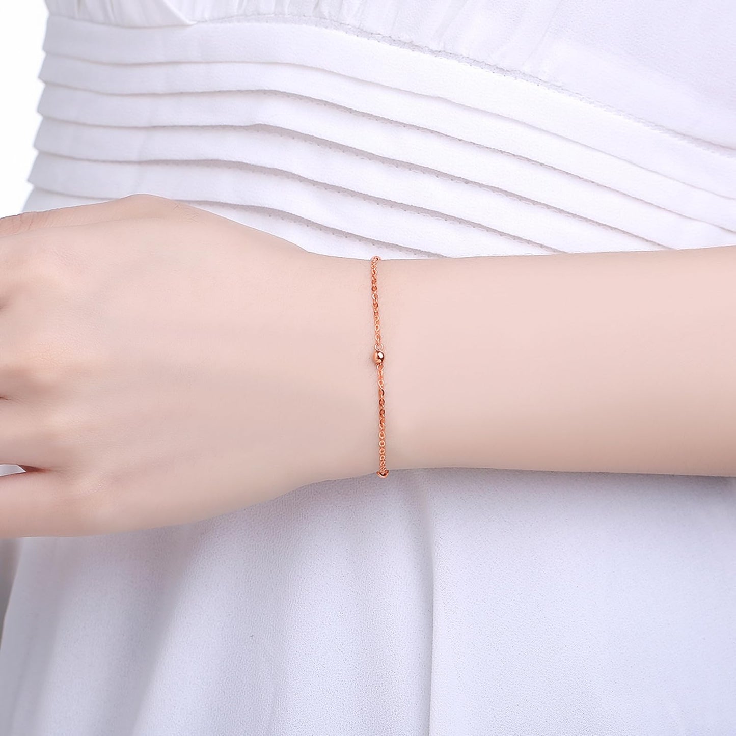 ZHOU LIU FU 18K Rose Gold Chain Bracelet Thin Link Small Beads Freshwater Pearls Bracelet Dainty Jewelry Set Layered Bracelets for Women Mom Daughter Friends Gifts Birthday Anniversary