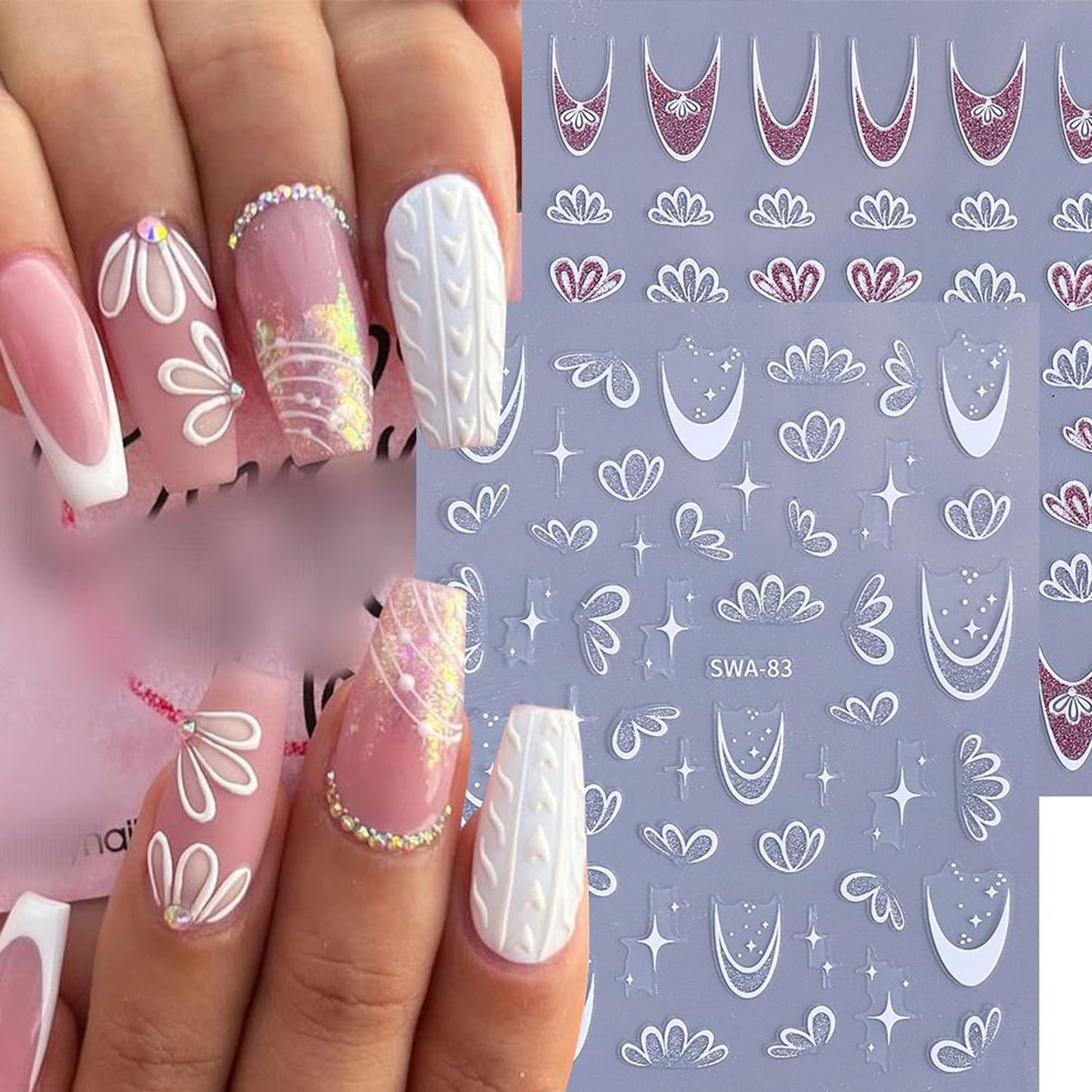 2Sheets Flower Nail Art Sticker Decals with Glitter Half Daisy Flowers French Line Nail Stickers Self-Adhesive Nail Supplies French Star Floral Nail Designs for Women Girls DIY Manicure Tip Decoration