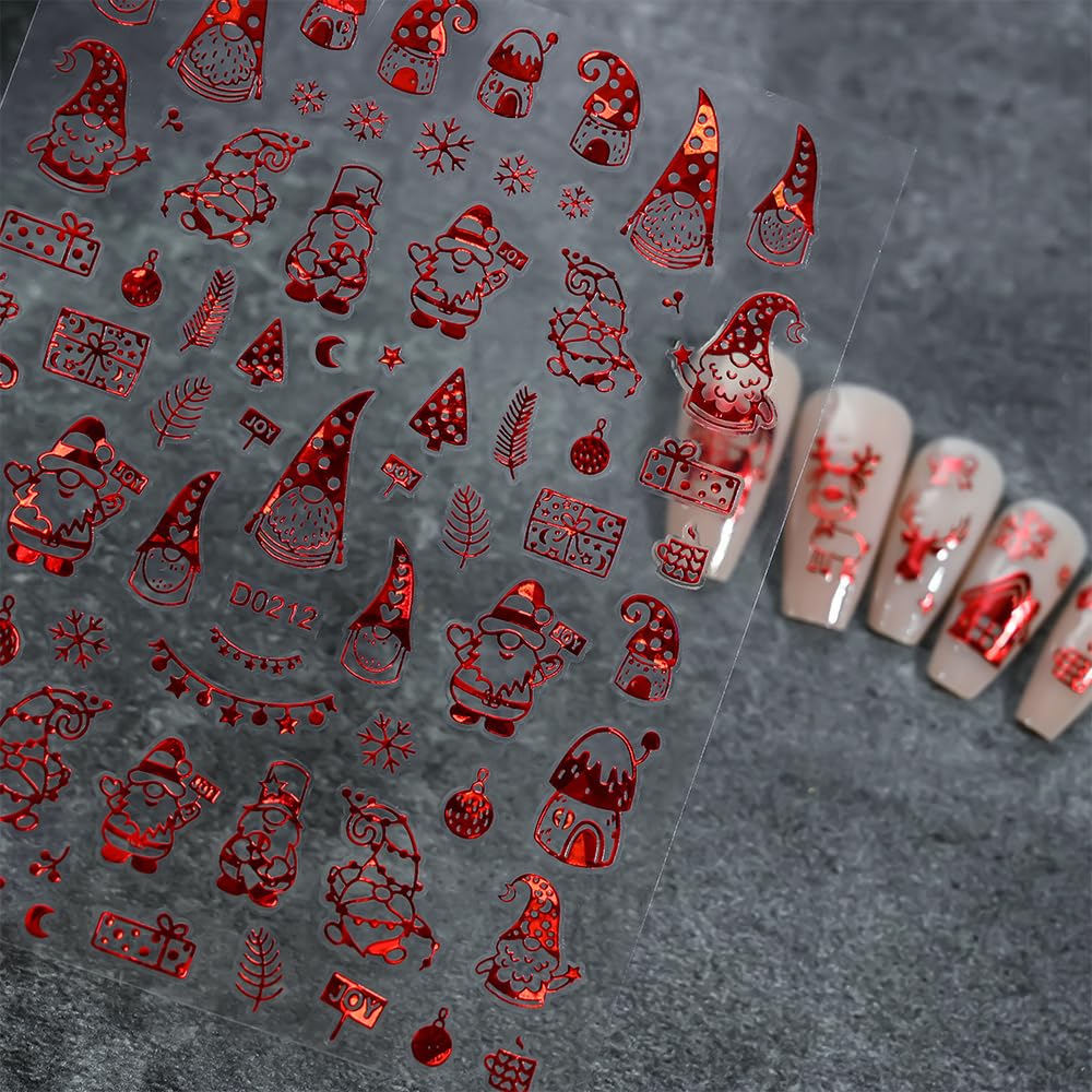 12PCS Christmas Nail Stickers Gold & Red Holographic Nail Art Stickers Festive Reindeer Snowflake Self Adhesive Nail Decals Santa Nail Art Supplies for Women Girls DIY Manicure Nail Art Decorations