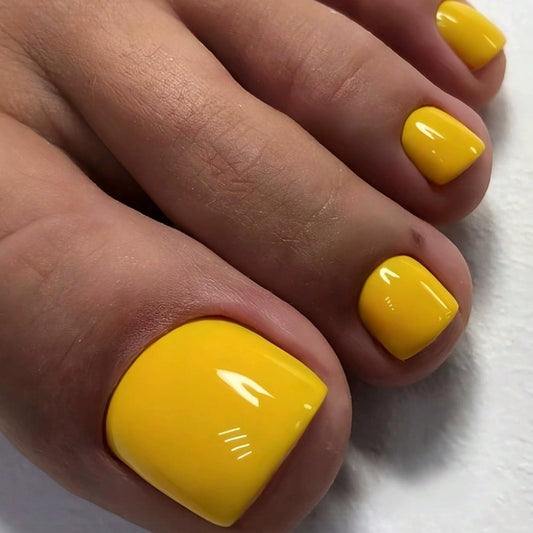 Yellow Press on Toenails Short Square False Toenail Full Cover Solid Color Designs Fake Toe Nails Glossy Yellow Glue on Toe Nail Summer Reusable Artificial Toenail for Women Toenails Decorations