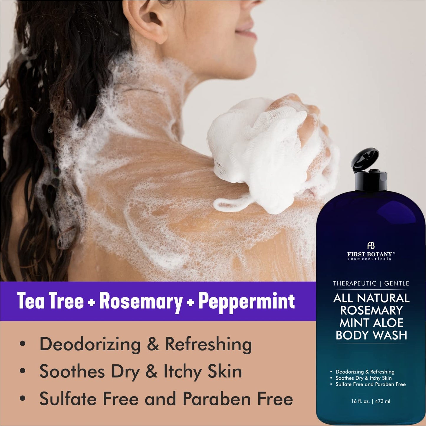 First Botany, ALL Natural Body Wash - Fights Body Odor, Athlete's Foot, Jock Itch, Nail Issues, Dandruff, Acne, Eczema, Shower Gel for Women & Men, Skin Cleanser -16 fl oz (Rosemary Mint)