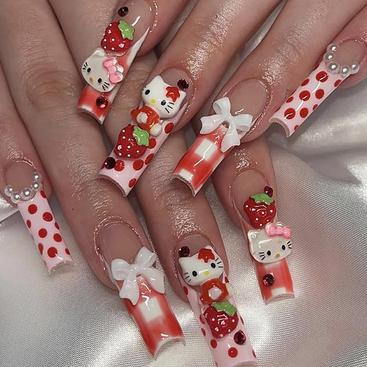 French Tips Press on Nails Long Coffin Fake Nails with Cute Cat Bows Nail Charms Strawberry Nail Charms Stick on Nails French Full Cover False Nails for Women 24Pcs Strawberry Press on Nails