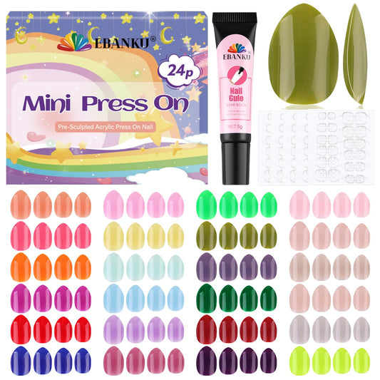 EBANKU 576 Pcs Kid Fake Nails, 24Pack Kids Press on Nails Short Full Cover Fake Nails for Girls with Nail Glue and Nail Adhesive Tabs for Child Christmas Party