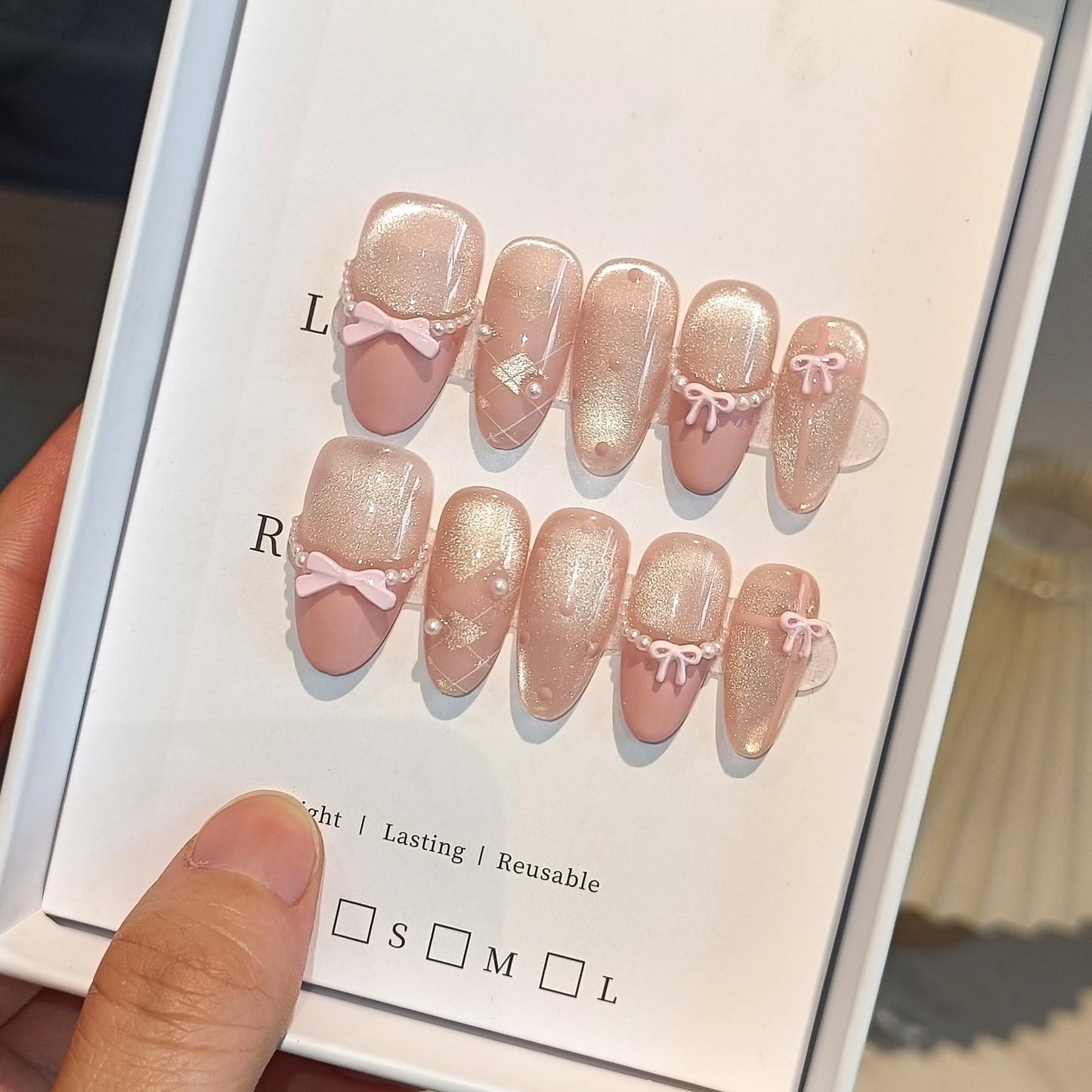 TENPAL Cute Sweet Handmade Press on Nails Almond,Ballet Butterfly Cat Eye Nude Pink Ombre French Tips Fake Nails with Tools, Reusable Spring Polka Dot Bow Pearl False Nails for Women 10pcs(L)