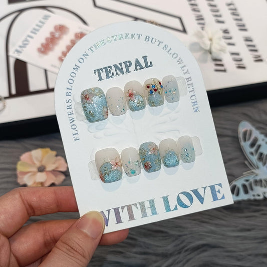 TENPAL Hand-Painted Cloisonne Press on Nails 10Pcs Kit,Short Squoval Blue Porcelain Gradient Fake Nails,Cat Eye Glitter Oriental Bloom False Nails,Chinese Classical Art Glue on Nails for Women(S)