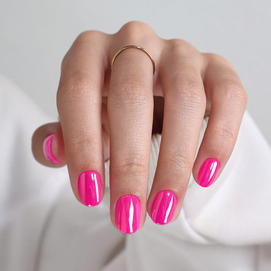 Hot Pink Chrome Press On Nails Extra Short - GJZEZ Soft Gel Shimmer Glazed Donut Square Fake Nail Press Ons, Holographic Pearlescent Iridescent Reusable Glue On Nails in 16 Sizes & 32Pcs, Candy Pink