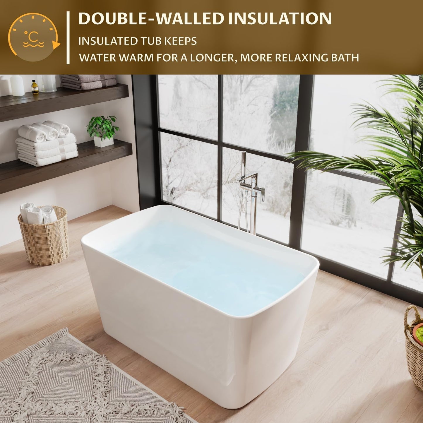 Acrylic Freestanding Bathtub, Soaking Tub with Seat, Toe-Tap Drain, Slotted Overflow, Deep Ergonomic Design, CUPC Certified, Glossy White, 49"