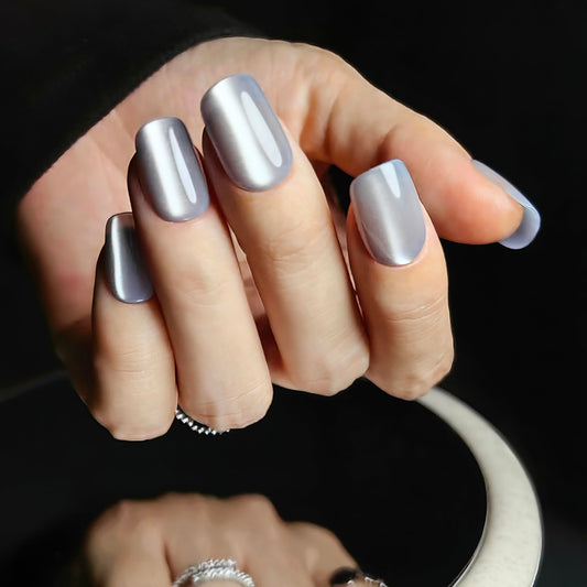 Okiyomi Silver Press on Nails - Metallic Cat Eye Press on Nails | Magnetic Moonlit Shimmer - Short Ballerina Squoval Shape - 15 Sizes - 30 Soft Gel Fake Nails with Glue and Stick On Tabs