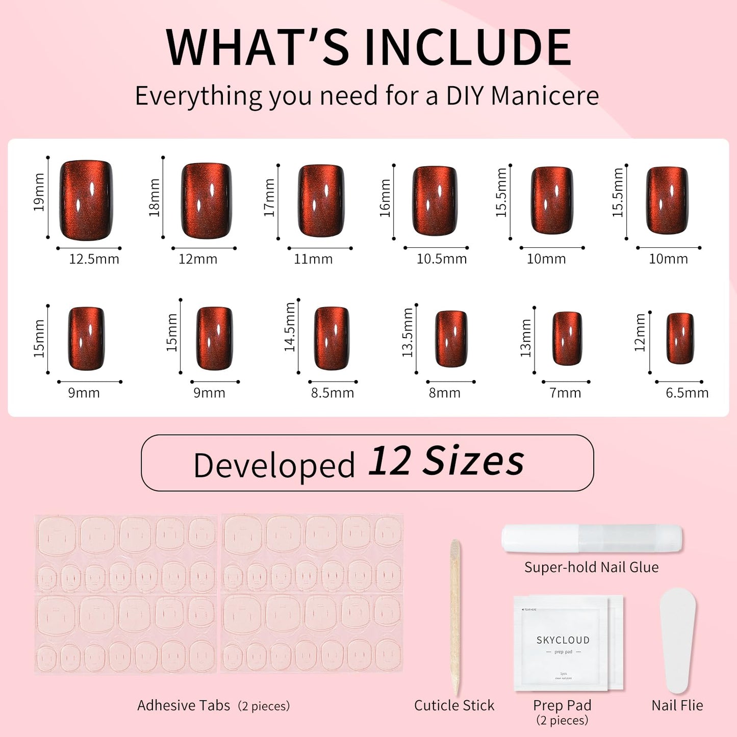 Orange Red Cat Eyes Press On Nails,12 Sizes-24 Pcs Soft Gel Orange Red Medium Square Fake Nails Kit with Nail Glue, Natural Reusable Stick On False Nails for Women and Girls (Skycloud Nails) SK0929