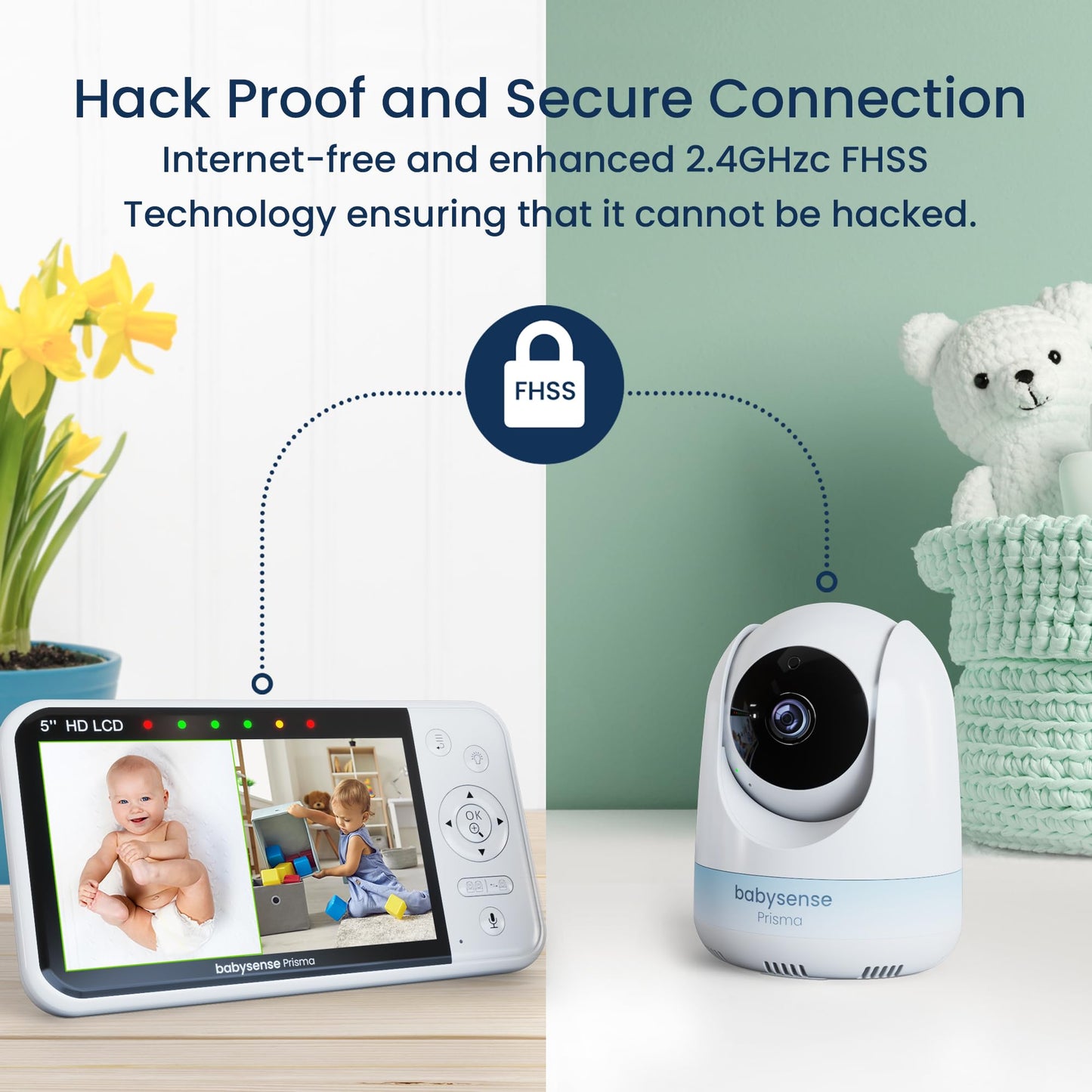 Babysense Prisma Baby Monitor with Camera and Audio, 5” HD Video Baby Monitor, 6-Color Night Light, Split Screen, Baby Sound Machine with White Noise & Lullabies, Secure No WiFi