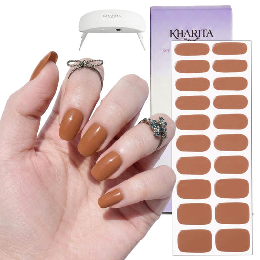 KHARITA Semi Cured Gel Nail Strips – Real Gel Nail Polish Wraps for Brittle Nails | Waterproof Long Lasting Easy Peel-Off Removal | Hema-Free | 20-Piece Warm Brown Salon Kit with UV Lamps
