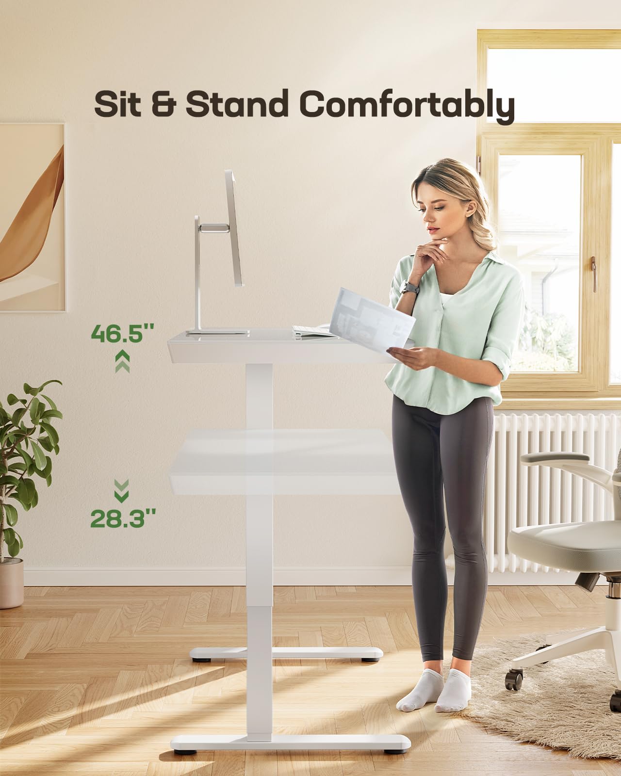 Marsail Glass Standing Desk with Drawers, 48 x 24 inch Electric Standing Desk, Height Adjustable Desk with One-Piece Tabletop & USB Charging Ports, Sit Stand Desk with Storage for Home & Office White