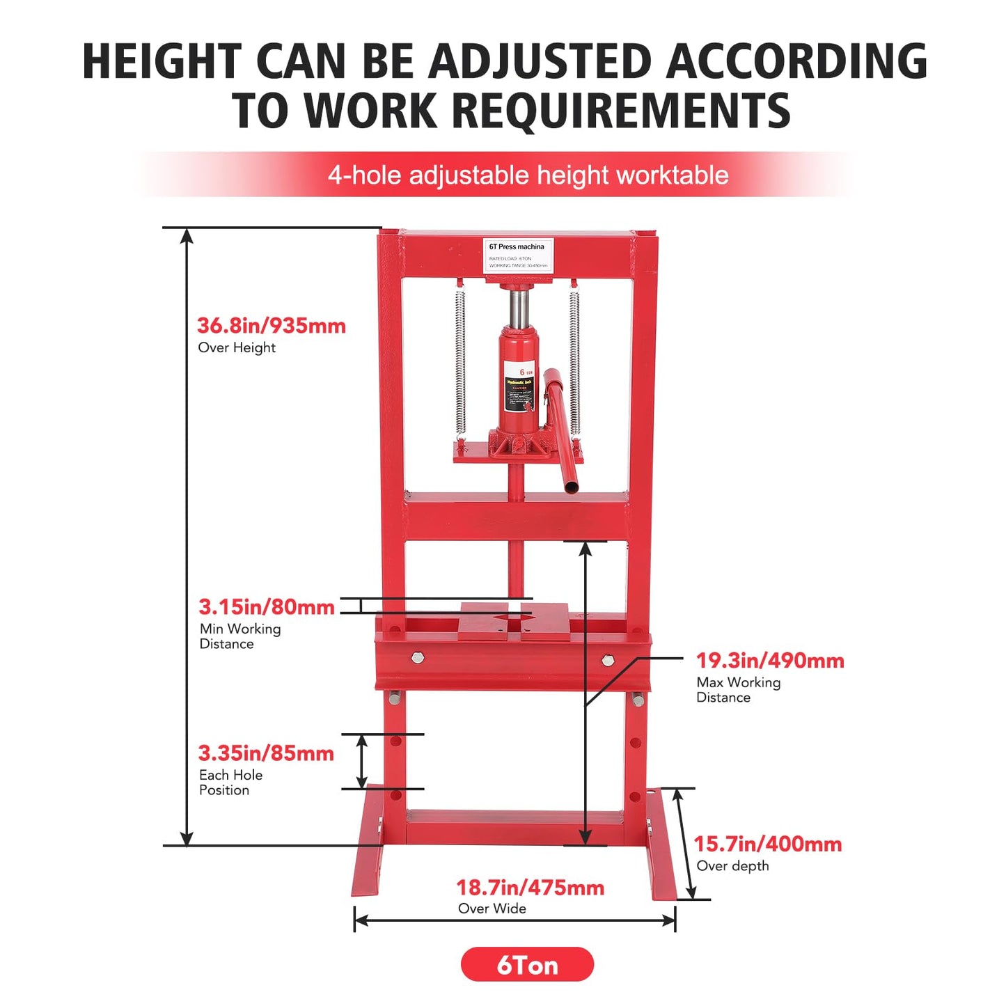 Hydraulic Press 6 Ton Hydraulic Shop Press H-Frame Garage Floor Adjustable Shop Press with 2 Plates Adjustable Working Table Height, Red