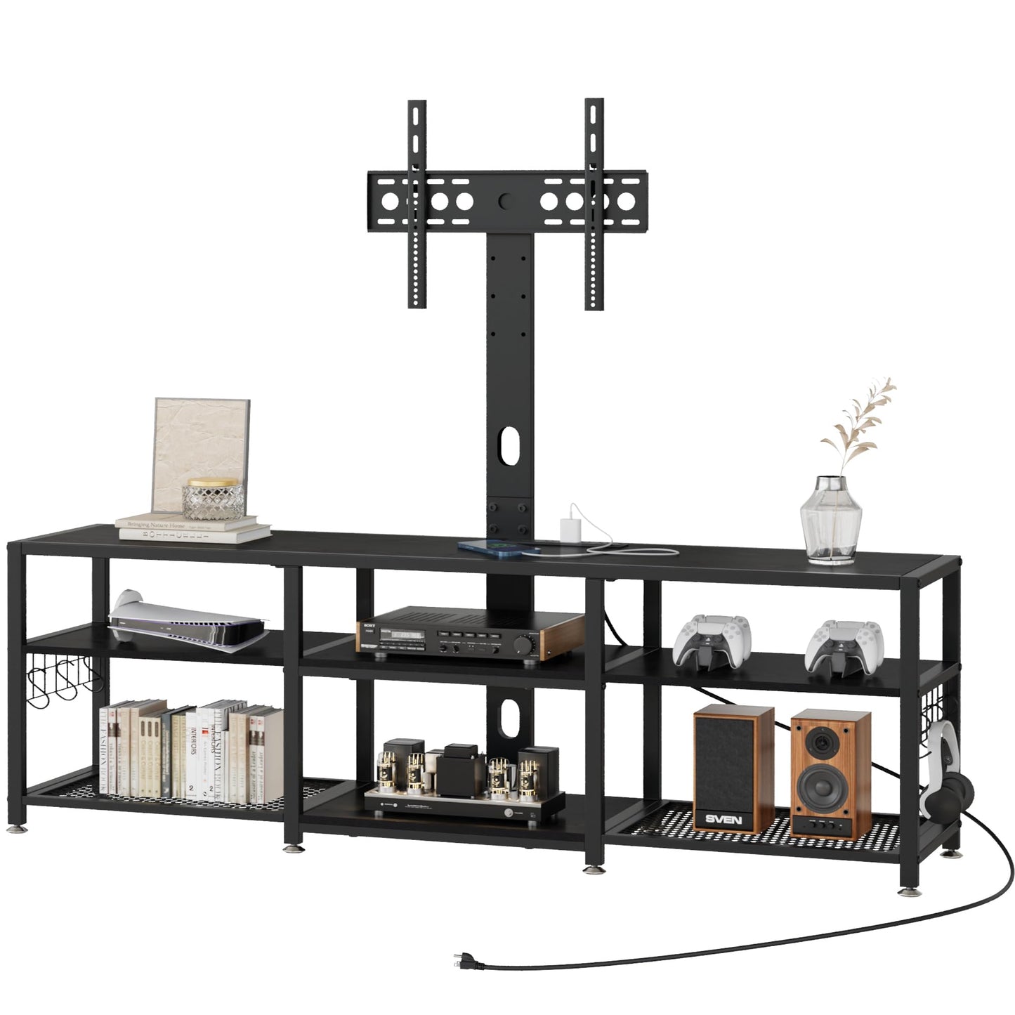 VECELO TV Stand with Mount and Power Outlets, Entertainment Center for 60/65/70/75/80 inch TVs, Height Adjustable Media Console with Storage Shelves, for Living Room, Bedroom, Black