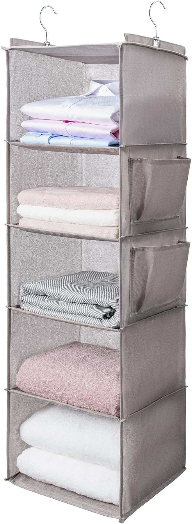 BOOMIBOO Hanging Closet Organize and Shelvesï¼5-Hanging Shelf with 2 Side Pocketsï¼Storage Foldable ï¼Light Greyï¼