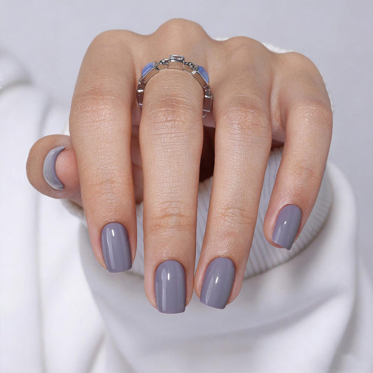 Cool Lavender Grey Press On Nails Square - GJZEZ Soft Gel Lilac Orchid Color Glossy Nail Press Ons Medium Fake Nail, Opaque Reusable Stick On Nail, 16 Sizes - 32Pcs, Glue On Nails, Fog Purple