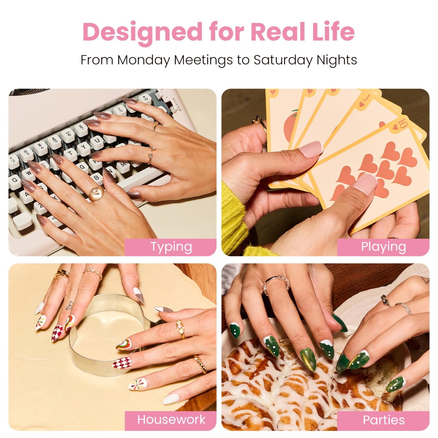 Nail Reformation Press On Nails, Beaded Clutch | Sheer Nude Medium Almond Fake Nails with Metallic Silver French Tip & Pearl, Reusable Stick On Nails in 15 Sizes - 30 False Nail Kit, Gifts for Women