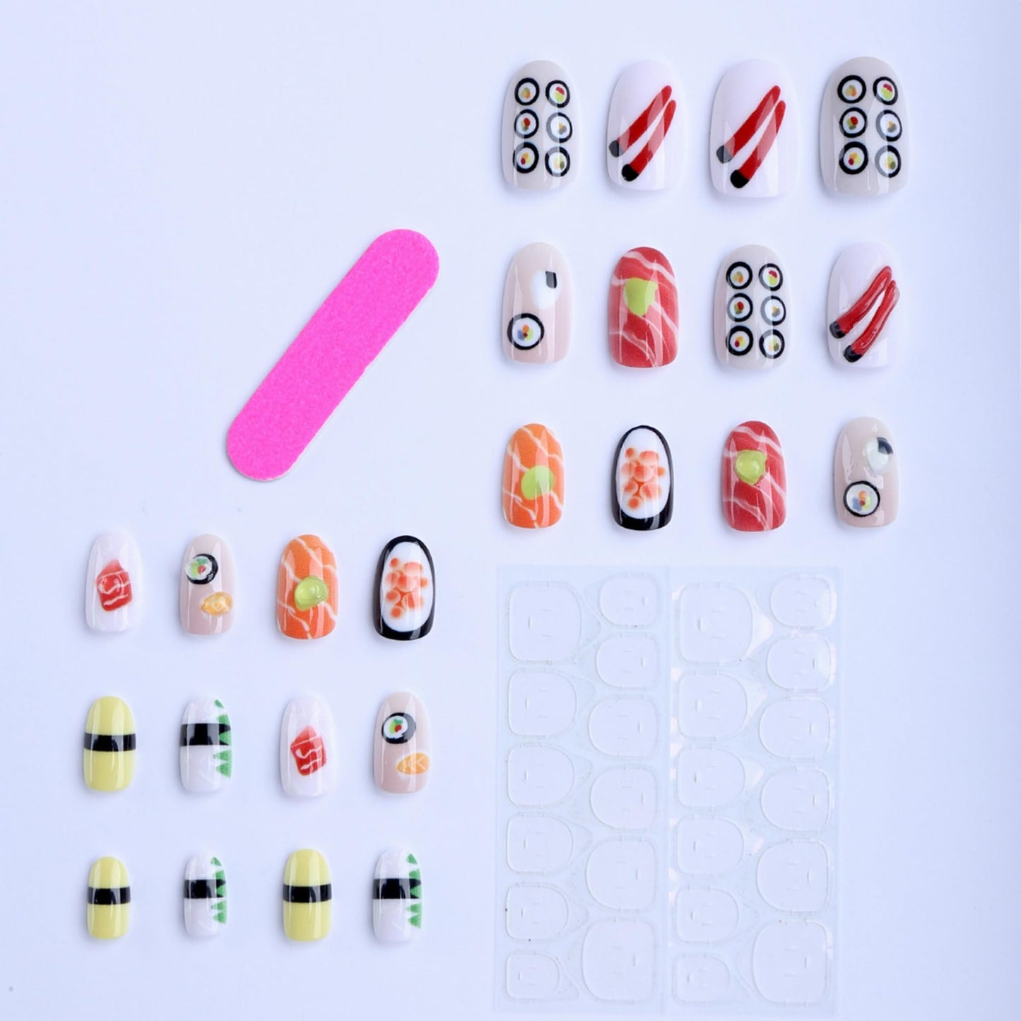 Octoswave 3D Sushi Press on Nails Short Oval Fake Nails Kawaii Japanese Food Design for Women Girls Cute Art Artificial Nails 24Pcs