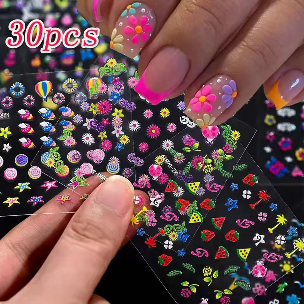 30 Sheets Summer Nail Stickers for Nail Art Beach 3D Self-Adhesive Sea Wave Nail Decals Flower Butterfly Design Watermelon Nail Art for Women DIY Manicure Decorations Supplies