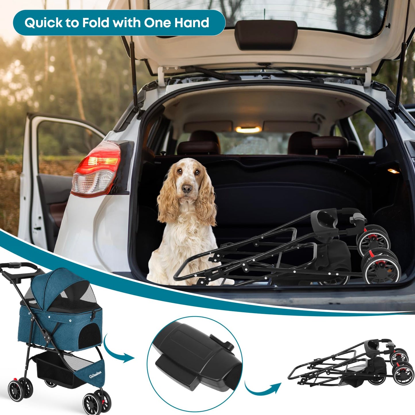Pet Stroller,Dog Stroller for Small Medium Dogs Cats,3 Wheels,Foldable,with Breathable Mesh Canopy,Cup Holders,Easy Assembly,Green