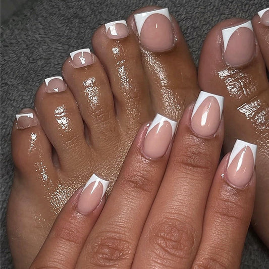 HPYFOI 48 Pcs French Tip Press on Nails & Toenails Set, Short Square & Press on Nails, Glossy Acrylic Nails, Stick on Nails for Women, Nail Decorations