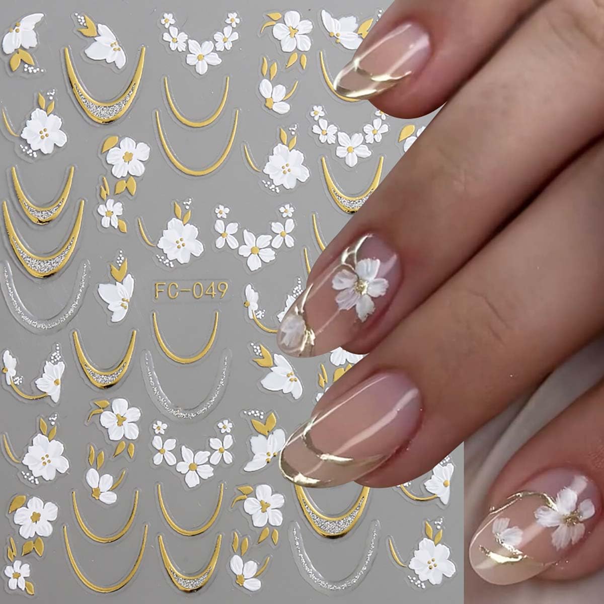 6 Sheets Flower Nail Stickers with Gold Silver Glitter Line Design Nail Decals 3D Self-Adhesive White Floral Nail Art Stickers Spring Summer Nail Decoration for Women DIY Manicure Supplies