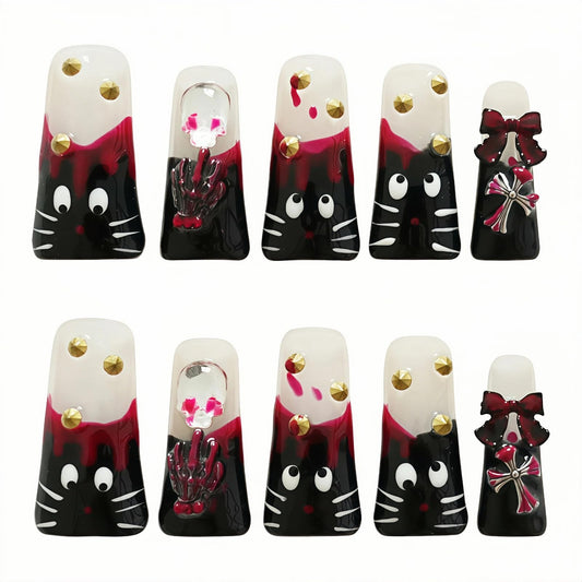 Tesytto Long Duck Gothic Cat Press On Nails - Y2K Red Drip, 3D Skull Cross Bow Charms, Reusable Acrylic Stick On Nails (Hand-Painted Cat, M)