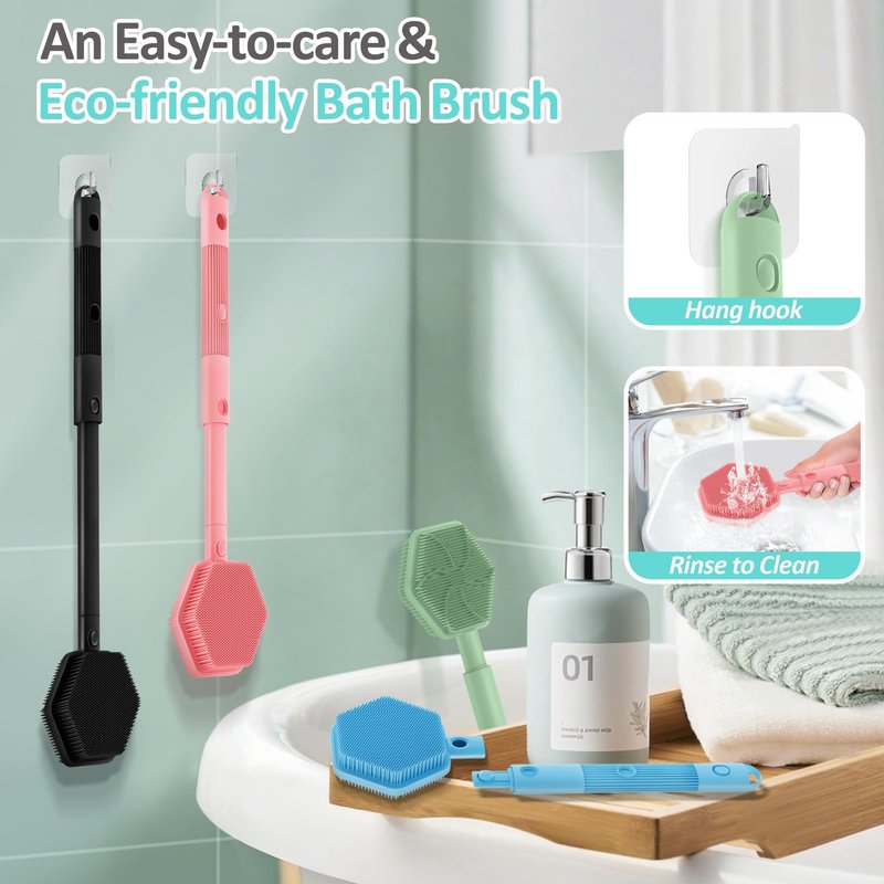 GEENOA Silicone Back Scrubber & Soft Bath Glove 2PCS, 16''- 21''Extendable Back Scrubber with Dual-Side Large Head, 360° Anti-Slip Hand-fit Silicone Body Scrubber for Rich Foaming Deep Cleaning(Black)